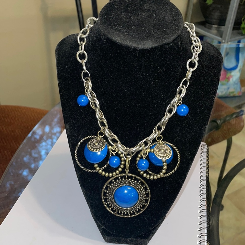 Premier Designs Blue and Gold Statement Necklace
